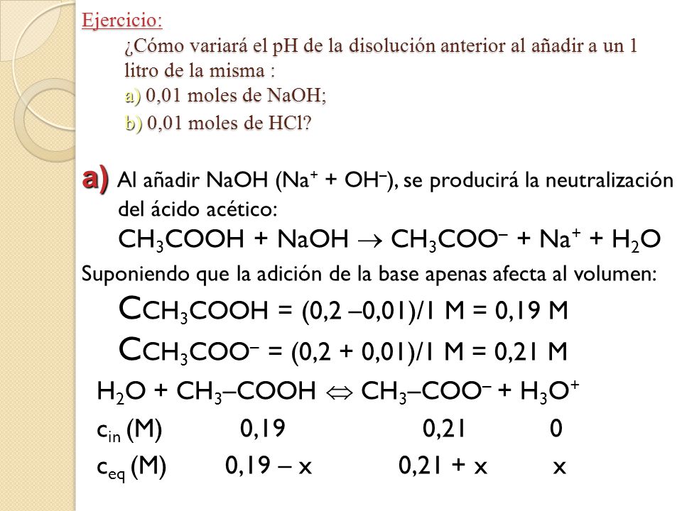 Ejercicio: ¿Cómo variará el pH de la disolución anterior al añadir a un 1 litro de la misma : a) 0,01 moles de NaOH; b) 0,01 moles de HCl
