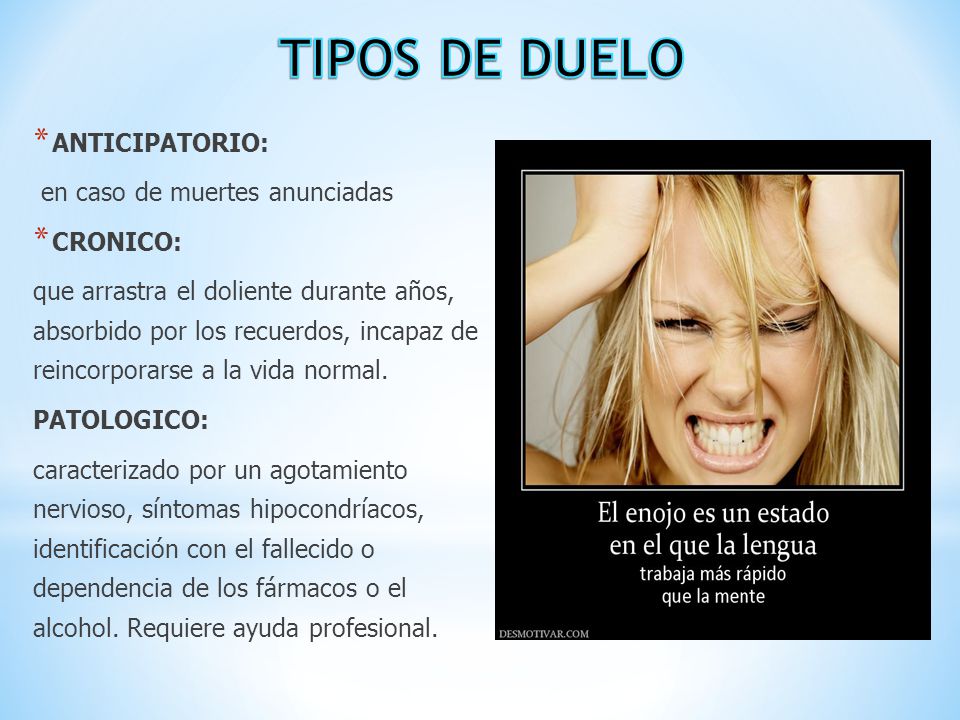 TIPOS DE DUELO ANTICIPATORIO: en caso de muertes anunciadas CRONICO: