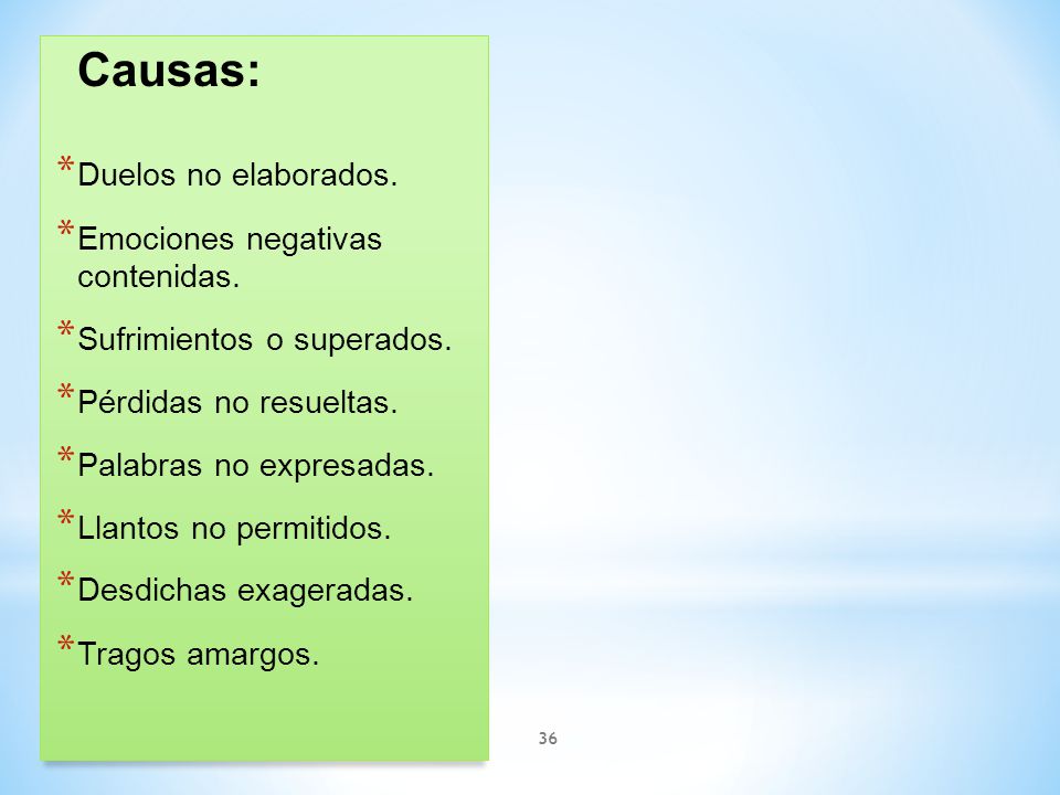 Causas: Duelos no elaborados. Emociones negativas contenidas. Sufrimientos o superados. Pérdidas no resueltas.