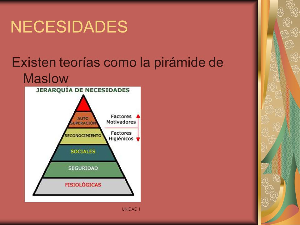 NECESIDADES Existen teorías como la pirámide de Maslow UNIDAD I