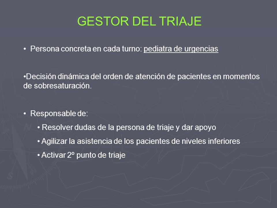 GESTOR DEL TRIAJE Persona concreta en cada turno: pediatra de urgencias.