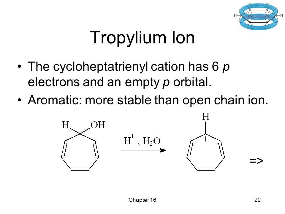 Tropylium Ion The cycloheptatrienyl cation has 6 p electrons and an empty p orbital.
