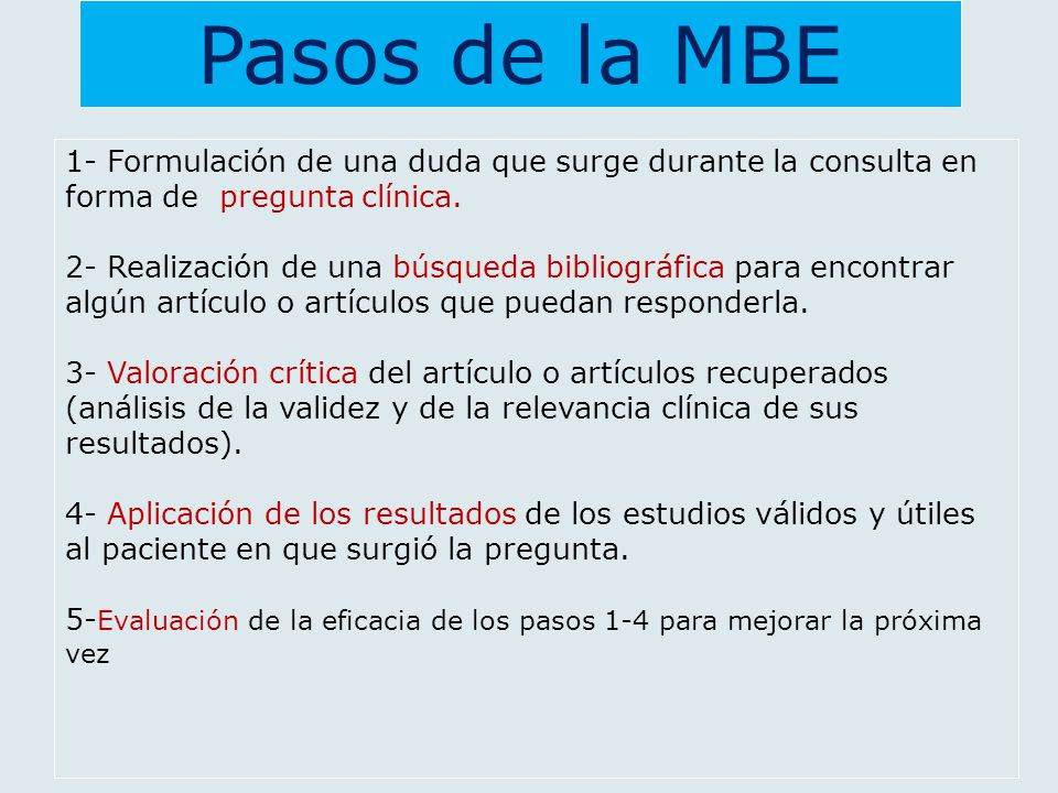 Pasos de la MBE 1- Formulación de una duda que surge durante la consulta en forma de pregunta clínica.