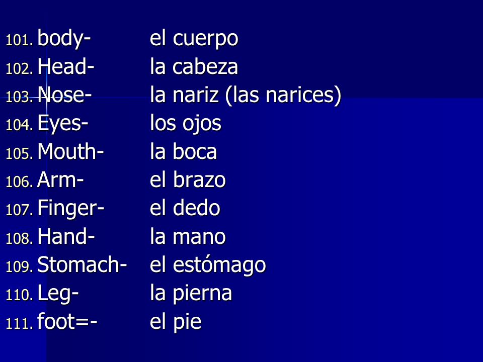 body- el cuerpo Head- la cabeza. Nose- la nariz (las narices) Eyes- los ojos. Mouth- la boca.