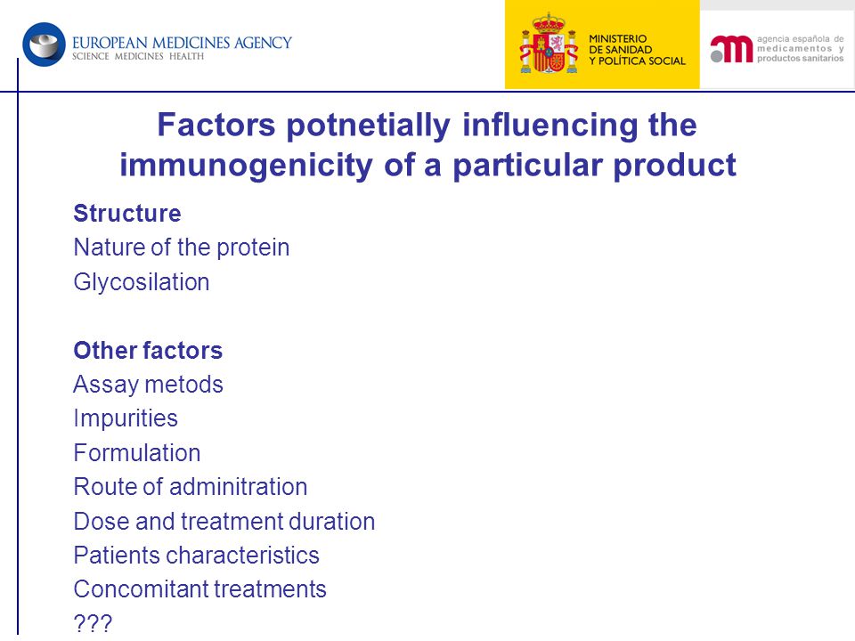 Factors potnetially influencing the immunogenicity of a particular product