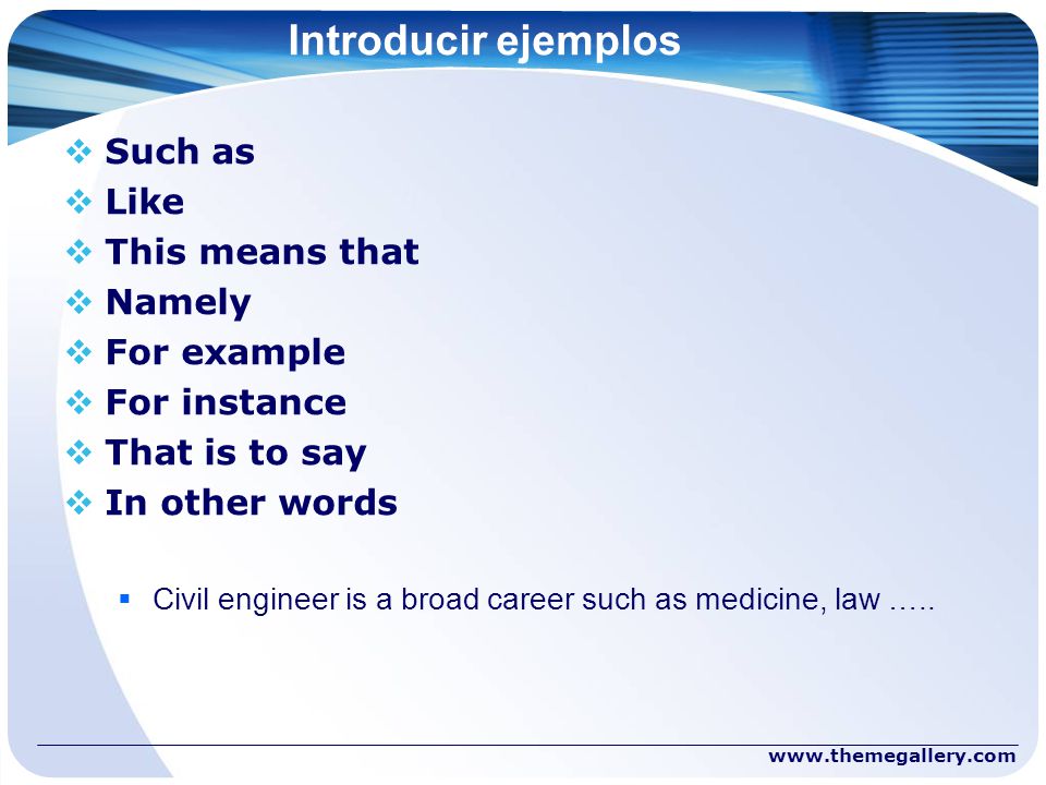 Introducir ejemplos Such as Like This means that Namely For example