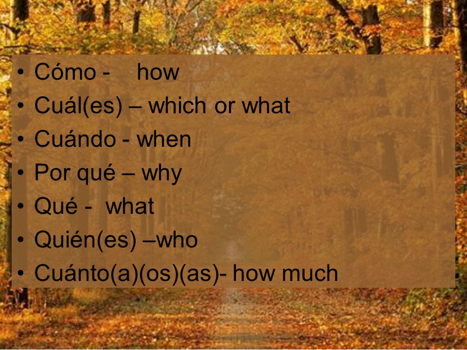 Cómo - how Cuál(es) – which or what. Cuándo - when. Por qué – why. Qué - what. Quién(es) –who.