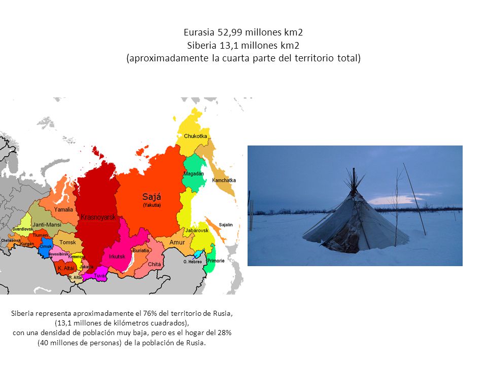 Eurasia 52,99 millones km2 Siberia 13,1 millones km2 (aproximadamente la cuarta parte del territorio total)