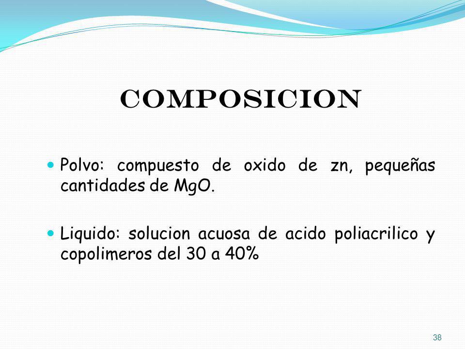 COMPOSICION Polvo: compuesto de oxido de zn, pequeñas cantidades de MgO.