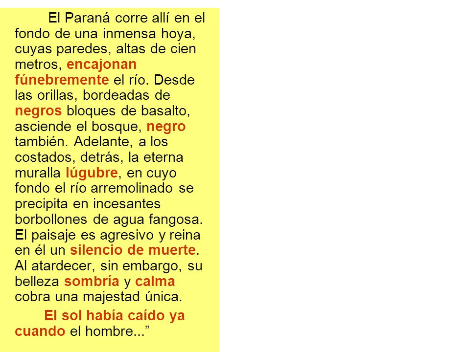 El Paraná corre allí en el fondo de una inmensa hoya, cuyas paredes, altas de cien metros, encajonan fúnebremente el río. Desde las orillas, bordeadas de negros bloques de basalto, asciende el bosque, negro también. Adelante, a los costados, detrás, la eterna muralla lúgubre, en cuyo fondo el río arremolinado se precipita en incesantes borbollones de agua fangosa. El paisaje es agresivo y reina en él un silencio de muerte. Al atardecer, sin embargo, su belleza sombría y calma cobra una majestad única.