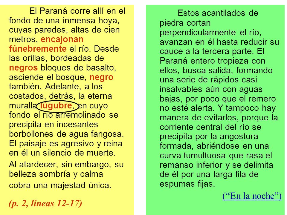 El Paraná corre allí en el fondo de una inmensa hoya, cuyas paredes, altas de cien metros, encajonan fúnebremente el río. Desde las orillas, bordeadas de negros bloques de basalto, asciende el bosque, negro también. Adelante, a los costados, detrás, la eterna muralla lúgubre, en cuyo fondo el río arremolinado se precipita en incesantes borbollones de agua fangosa. El paisaje es agresivo y reina en él un silencio de muerte.