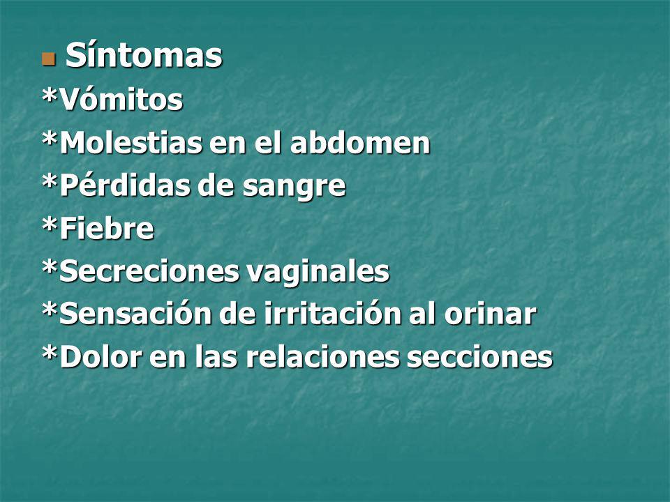 Síntomas *Vómitos *Molestias en el abdomen *Pérdidas de sangre *Fiebre