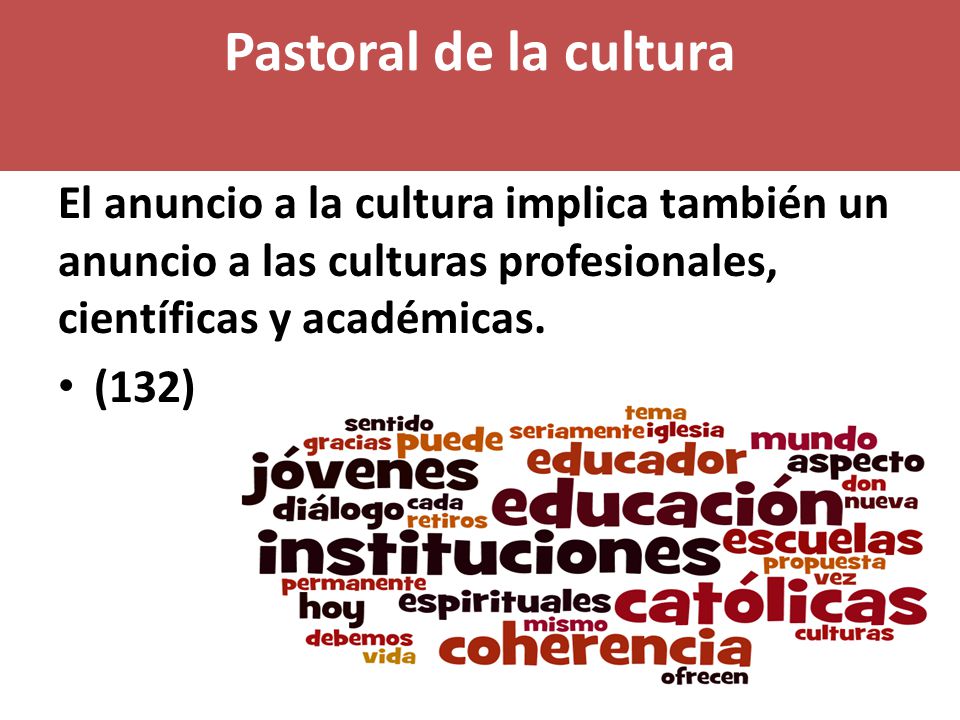 Pastoral de la cultura El anuncio a la cultura implica también un anuncio a las culturas profesionales, científicas y académicas.