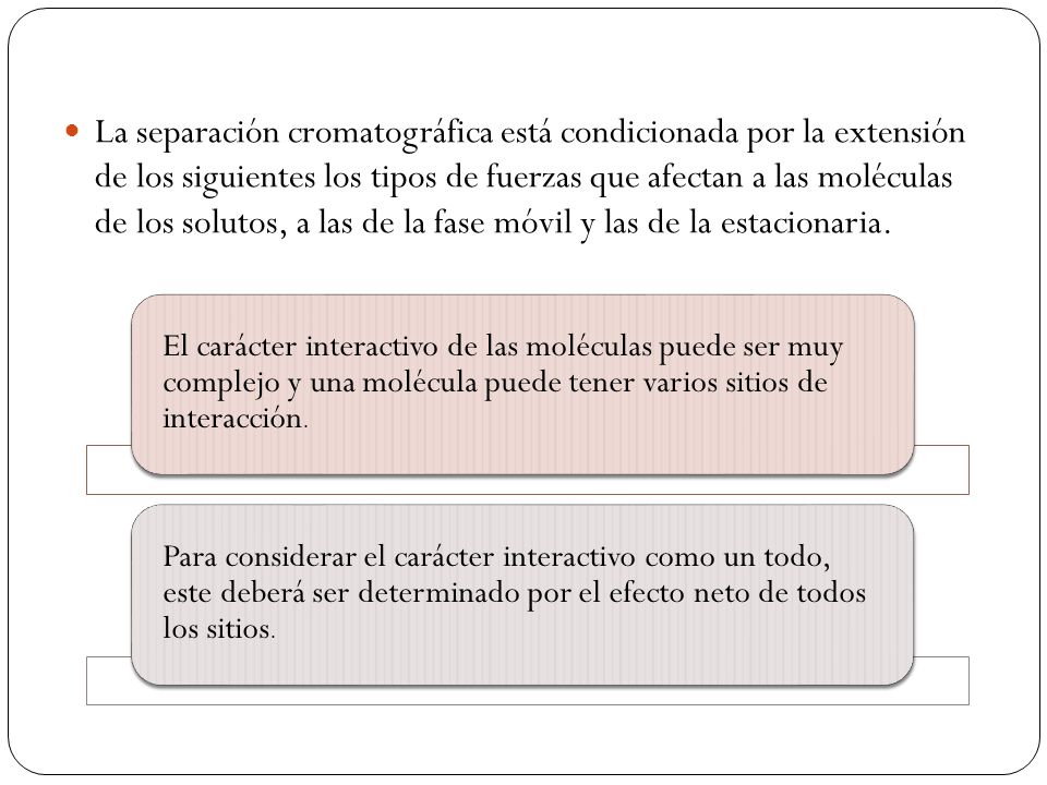 La separación cromatográfica está condicionada por la extensión de los siguientes los tipos de fuerzas que afectan a las moléculas de los solutos, a las de la fase móvil y las de la estacionaria.