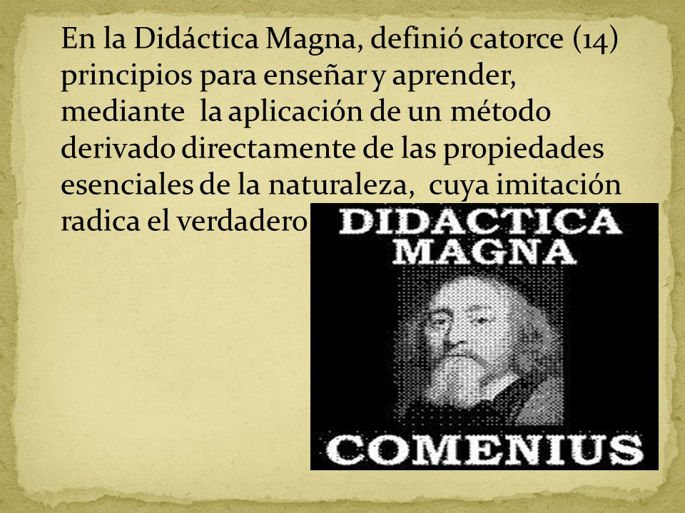 En la Didáctica Magna, definió catorce (14) principios para enseñar y aprender, mediante la aplicación de un método derivado directamente de las propiedades esenciales de la naturaleza, cuya imitación radica el verdadero arte