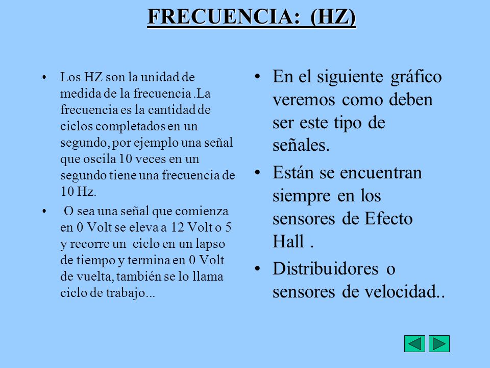 FRECUENCIA: (HZ) En el siguiente gráfico veremos como deben ser este tipo de señales. Están se encuentran siempre en los sensores de Efecto Hall .