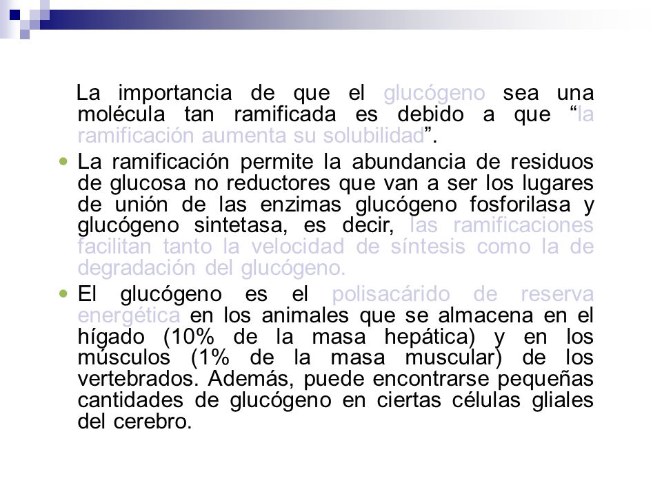 La importancia de que el glucógeno sea una molécula tan ramificada es debido a que la ramificación aumenta su solubilidad .
