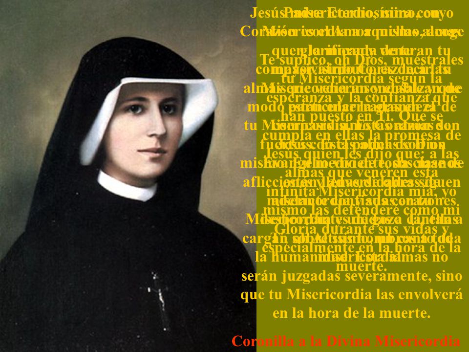 Jesús misericordiosísimo, cuyo Corazón es el Amor mismo, acoge en la morada de tu compasivísimo Corazón a las almas que veneran y ensalzan de modo particular la grandeza de tu Misericordia. Estas almas son fuertes con el poder de Dios mismo. En medio de toda clase de aflicciones y adversidades siguen adelante confiadas en tu Misericordia y unidas a Ti, ellas cargan sobre sus hombros a toda la humanidad. Esta almas no serán juzgadas severamente, sino que tu Misericordia las envolverá en la hora de la muerte.