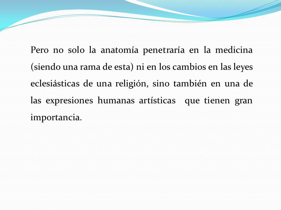 Pero no solo la anatomía penetraría en la medicina (siendo una rama de esta) ni en los cambios en las leyes eclesiásticas de una religión, sino también en una de las expresiones humanas artísticas que tienen gran importancia.