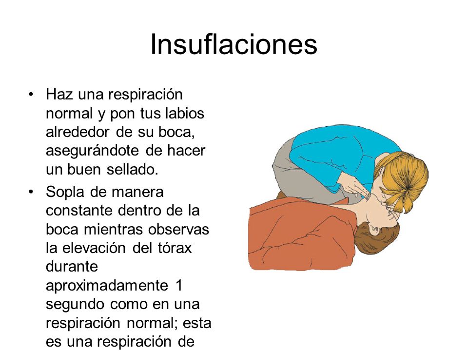 Insuflaciones Haz una respiración normal y pon tus labios alrededor de su boca, asegurándote de hacer un buen sellado.