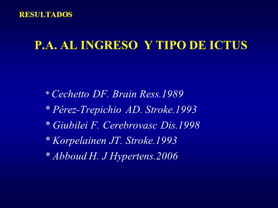 RESULTADOS P.A. AL INGRESO Y TIPO DE ICTUS