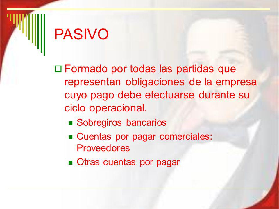 PASIVO Formado por todas las partidas que representan obligaciones de la empresa cuyo pago debe efectuarse durante su ciclo operacional.
