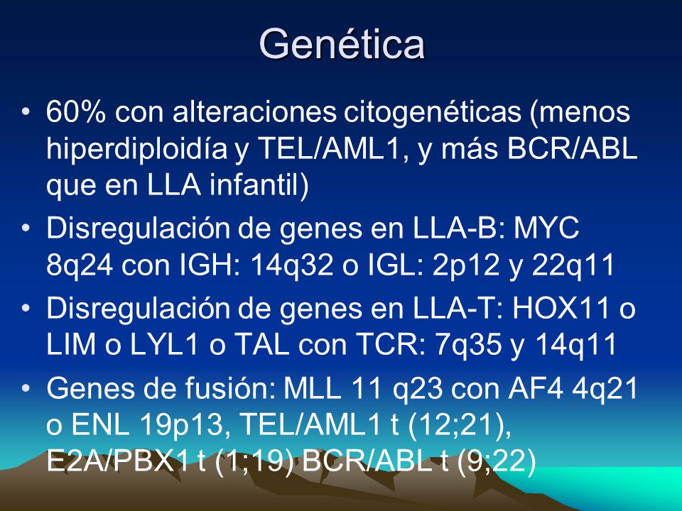 Genética 60% con alteraciones citogenéticas (menos hiperdiploidía y TEL/AML1, y más BCR/ABL que en LLA infantil)