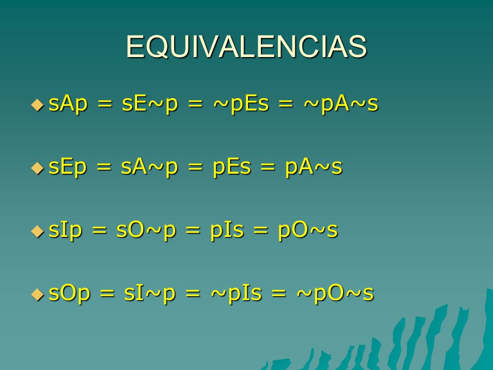 EQUIVALENCIAS sAp = sE~p = ~pEs = ~pA~s sEp = sA~p = pEs = pA~s