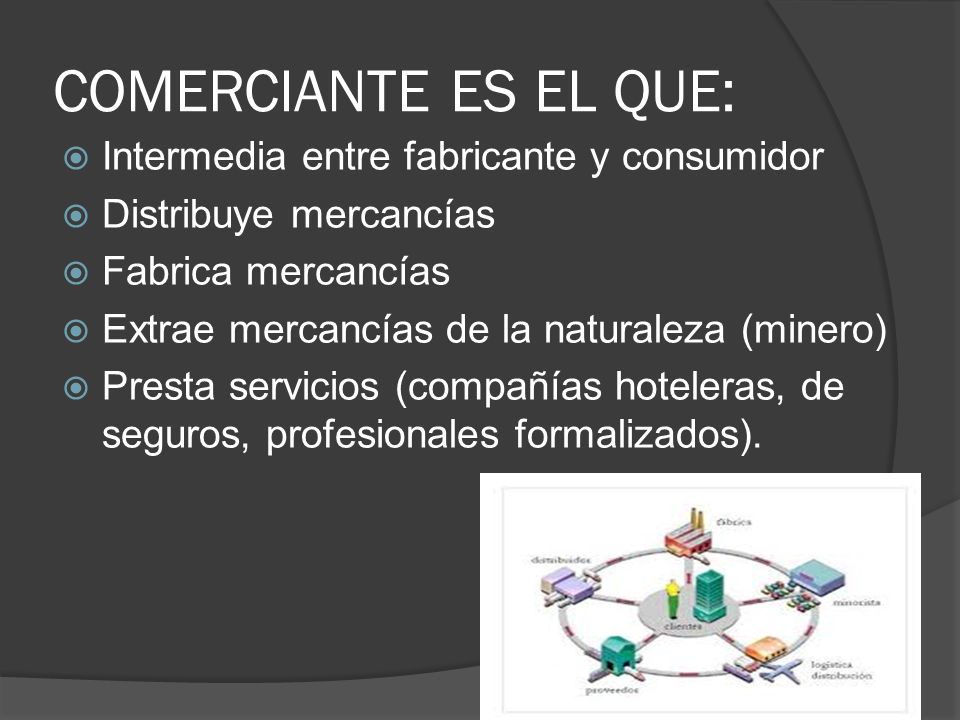 COMERCIANTE ES EL QUE: Intermedia entre fabricante y consumidor