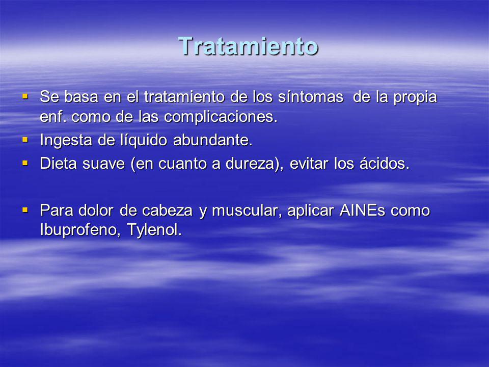 Tratamiento Se basa en el tratamiento de los síntomas de la propia enf. como de las complicaciones.