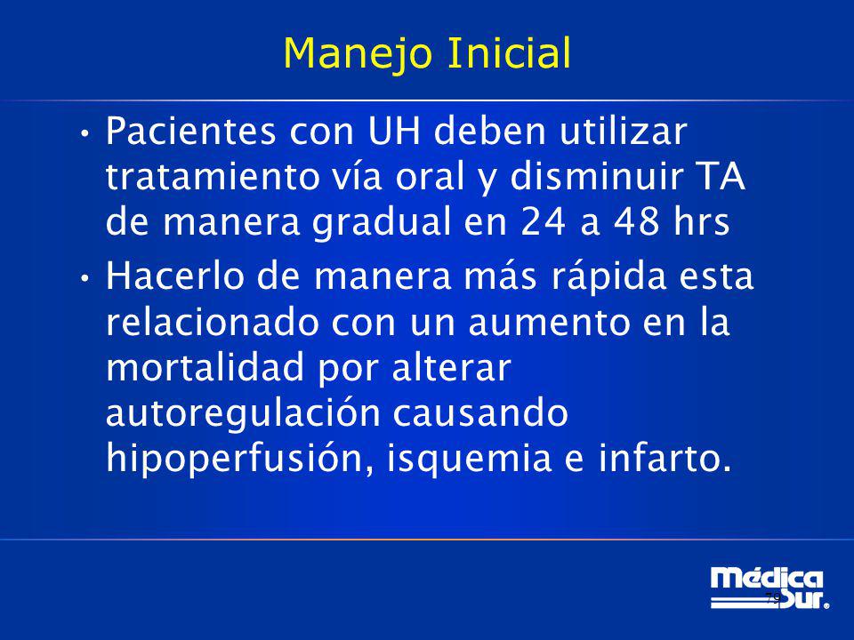 Manejo Inicial Pacientes con UH deben utilizar tratamiento vía oral y disminuir TA de manera gradual en 24 a 48 hrs.