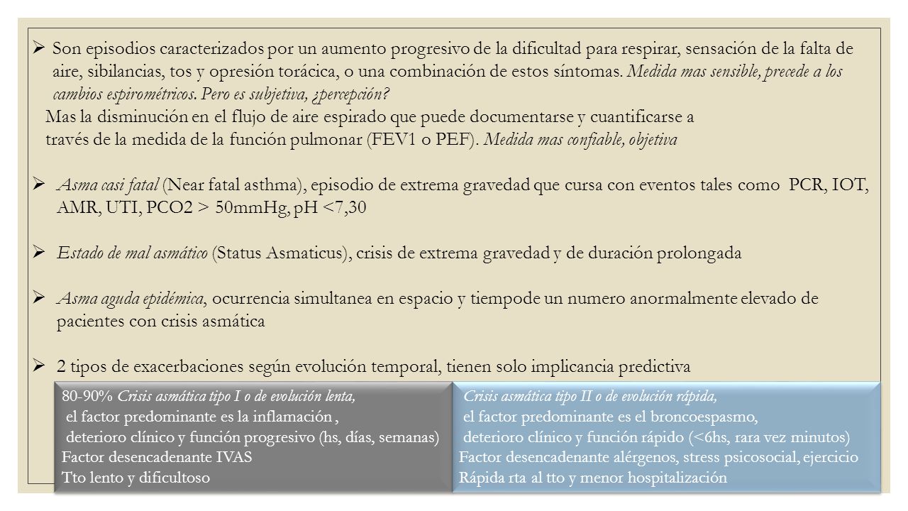 Son episodios caracterizados por un aumento progresivo de la dificultad para respirar, sensación de la falta de aire, sibilancias, tos y opresión torácica, o una combinación de estos síntomas. Medida mas sensible, precede a los cambios espirométricos. Pero es subjetiva, ¿percepción