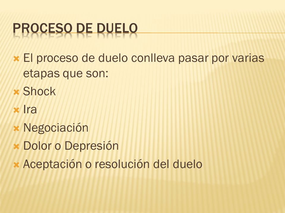 Proceso de duelo El proceso de duelo conlleva pasar por varias etapas que son: Shock. Ira. Negociación.