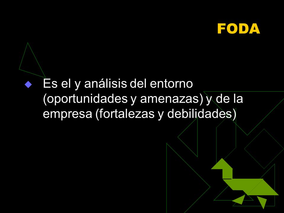 FODA Es el y análisis del entorno (oportunidades y amenazas) y de la empresa (fortalezas y debilidades)