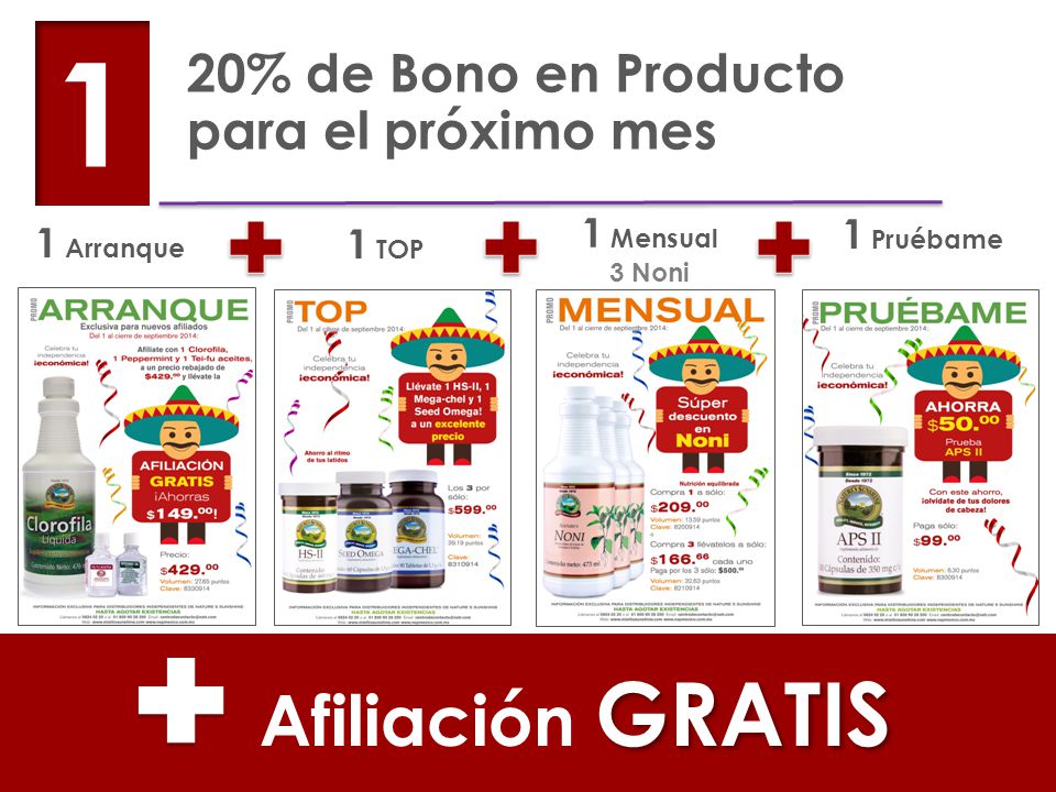 1 Afiliación GRATIS 20% de Bono en Producto para el próximo mes