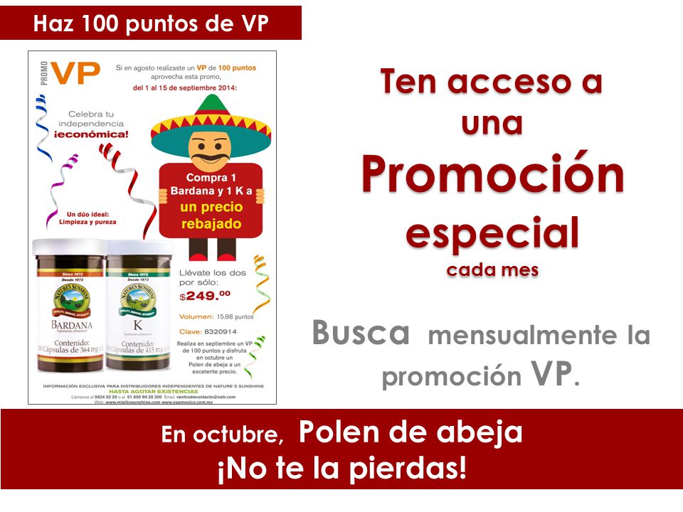 Busca mensualmente la promoción VP. En octubre, Polen de abeja