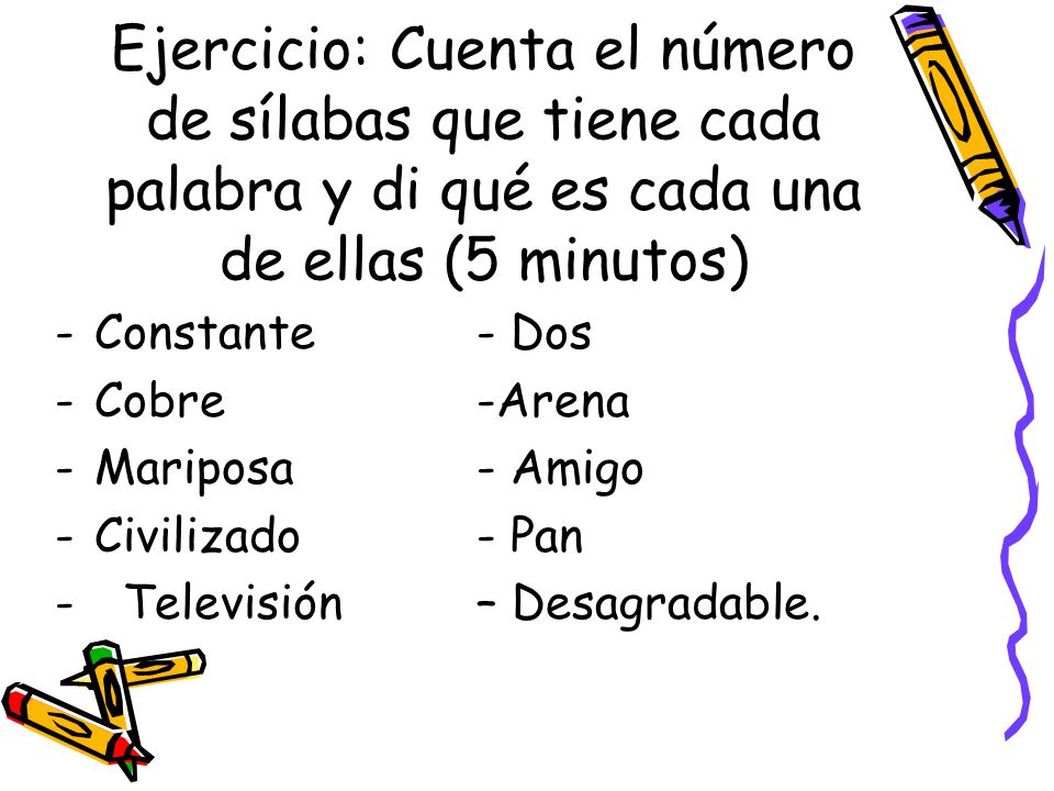 Ejercicio: Cuenta el número de sílabas que tiene cada palabra y di qué es cada una de ellas (5 minutos)