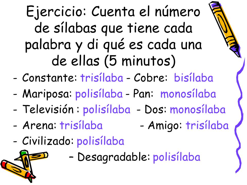 Ejercicio: Cuenta el número de sílabas que tiene cada palabra y di qué es cada una de ellas (5 minutos)