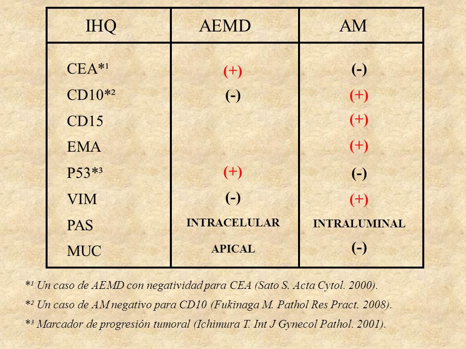 IHQ AEMD AM CEA*¹ CD10*² CD15 EMA P53*³ VIM PAS MUC (-) (+) (+) (-)