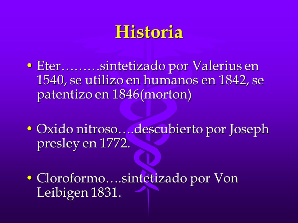 Historia Eter………sintetizado por Valerius en 1540, se utilizo en humanos en 1842, se patentizo en 1846(morton)