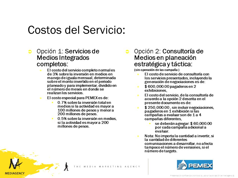 Costos del Servicio: Opción 1: Servicios de Medios Integrados completos: