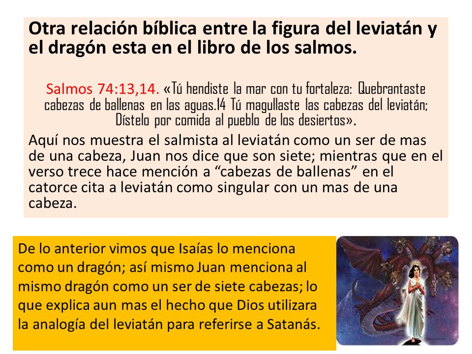 Otra relación bíblica entre la figura del leviatán y el dragón esta en el libro de los salmos.