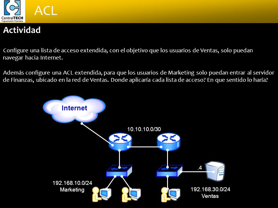 Actividad Configure una lista de acceso extendida, con el objetivo que los usuarios de Ventas, solo puedan navegar hacia Internet.
