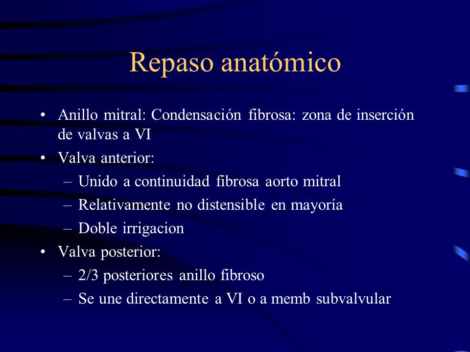 Repaso anatómico Anillo mitral: Condensación fibrosa: zona de inserción de valvas a VI. Valva anterior: