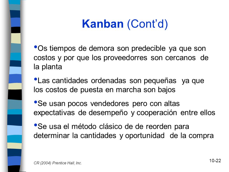 Kanban (Cont’d) Os tiempos de demora son predecible ya que son costos y por que los proveedorres son cercanos de la planta.