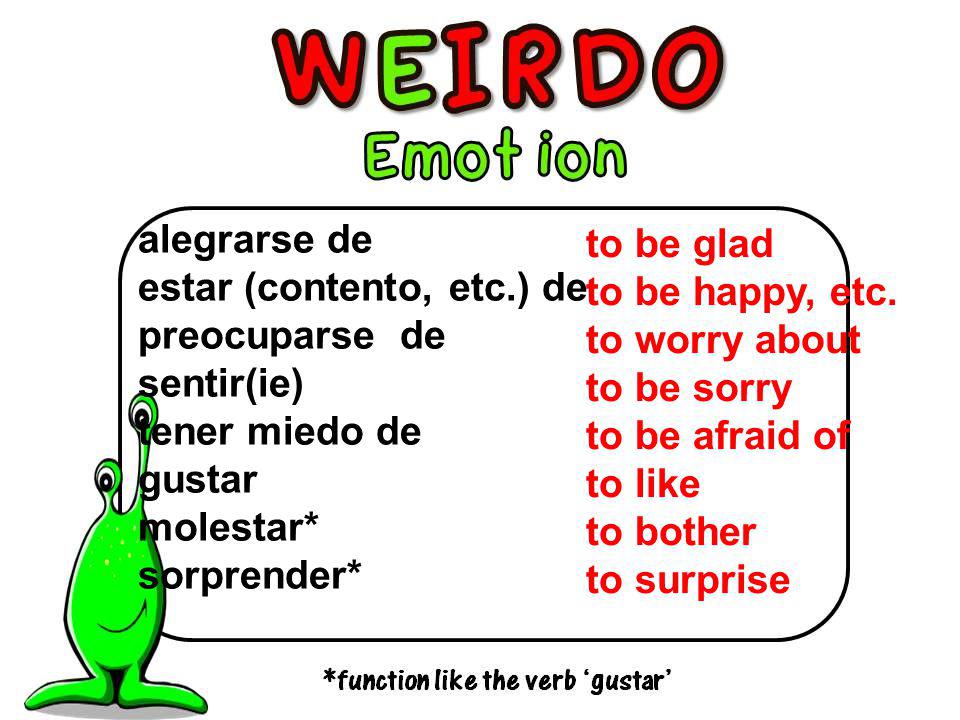 alegrarse de estar (contento, etc.) de. preocuparse de. sentir(ie) tener miedo de. gustar. molestar*