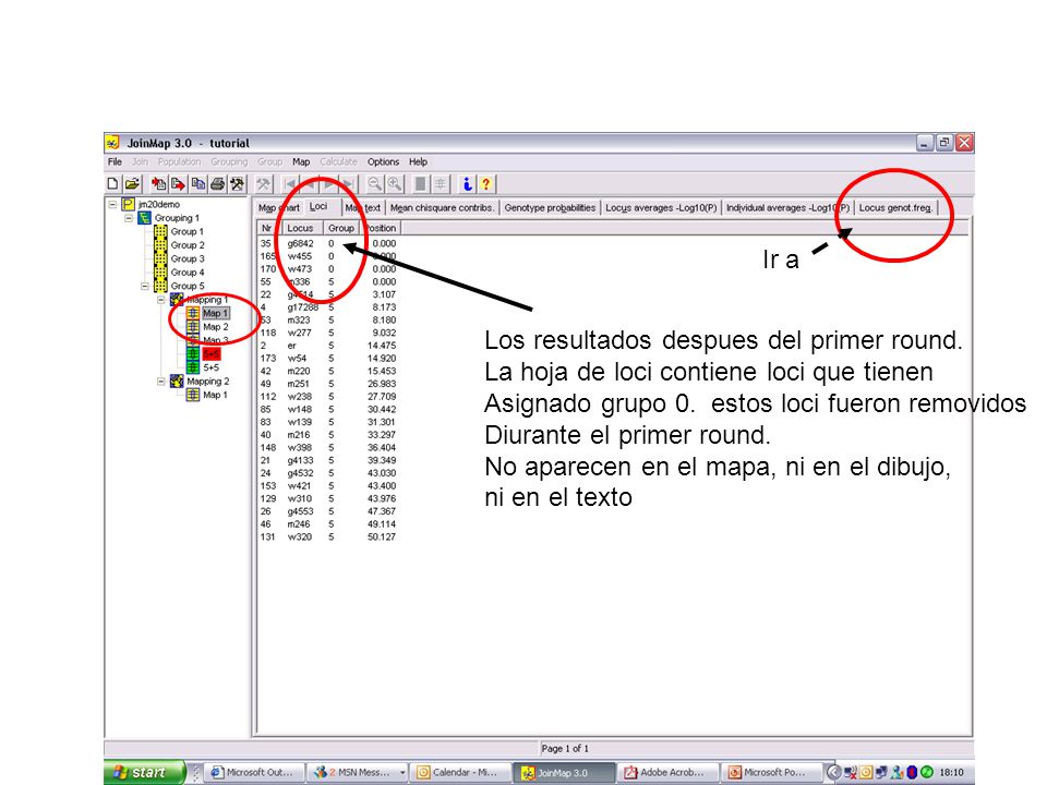Ir a Los resultados despues del primer round. La hoja de loci contiene loci que tienen. Asignado grupo 0. estos loci fueron removidos.