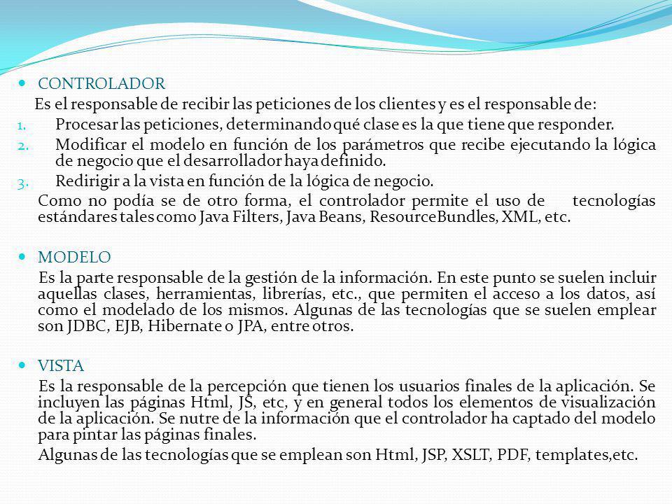 CONTROLADOR Es el responsable de recibir las peticiones de los clientes y es el responsable de: