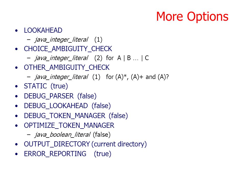 More Options LOOKAHEAD CHOICE_AMBIGUITY_CHECK OTHER_AMBIGUITY_CHECK