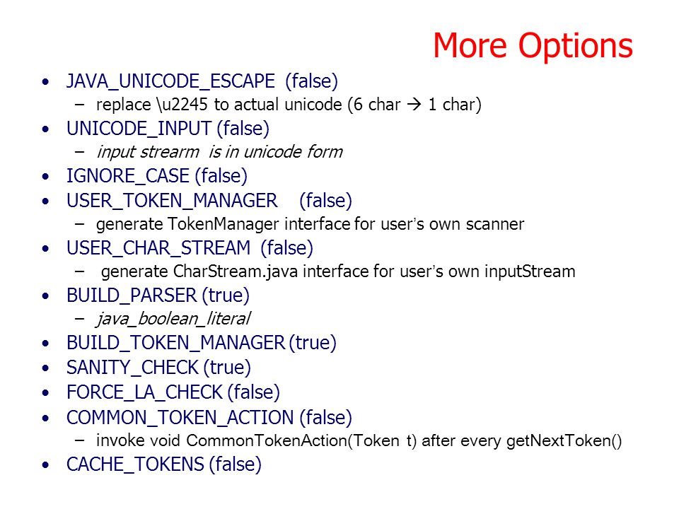 More Options JAVA_UNICODE_ESCAPE (false) UNICODE_INPUT (false)